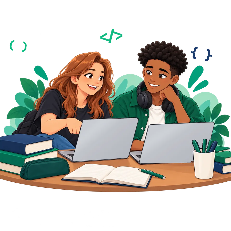 Two PoliPrep students coding together on their laptops