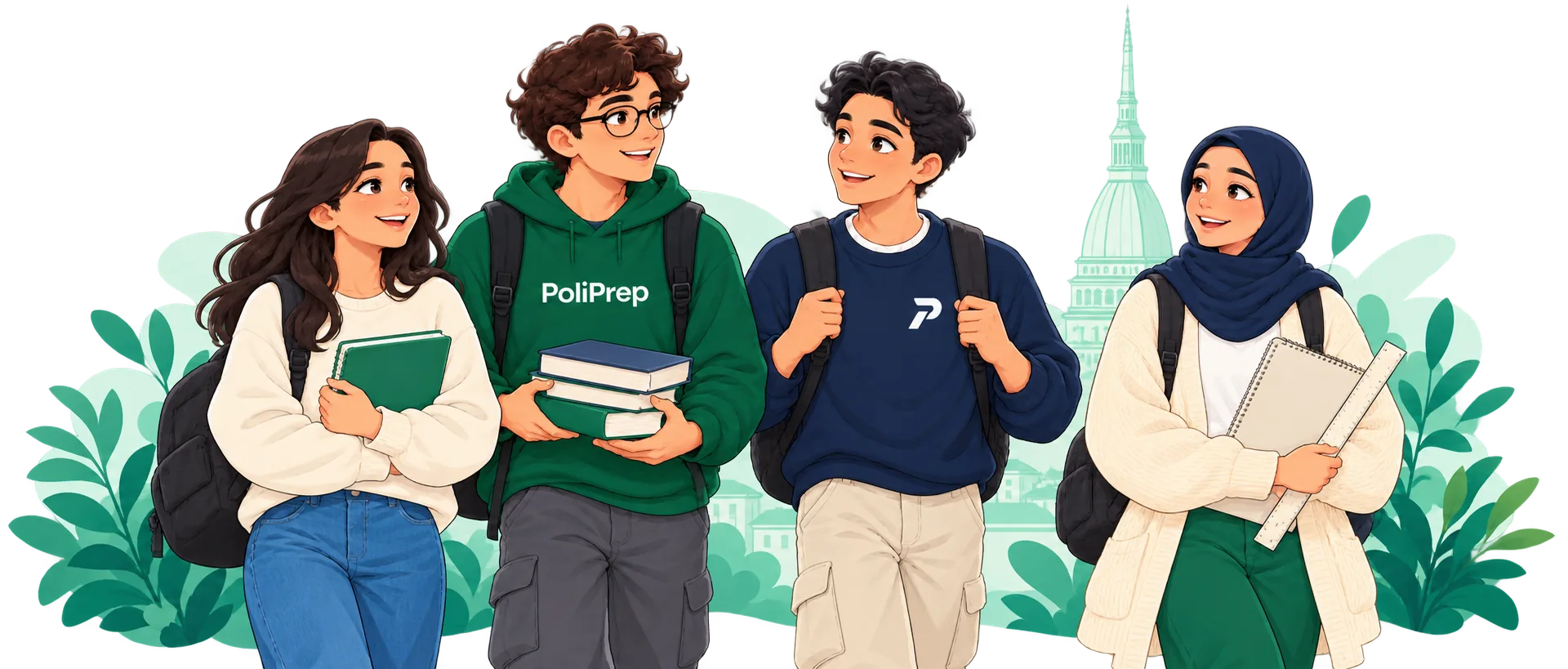 Four PoliPrep students walking together in Turin with books and a sketchbook