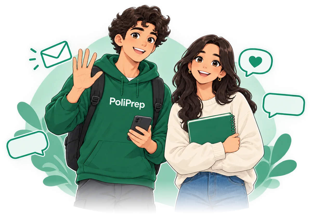Two PoliPrep students waving hello, with chat bubbles and an envelope