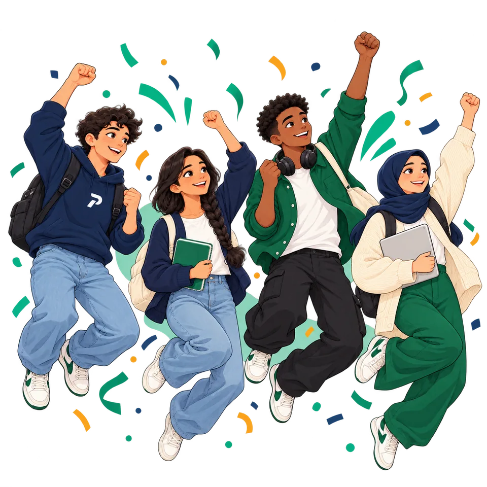 Four PoliPrep students jumping and celebrating with confetti