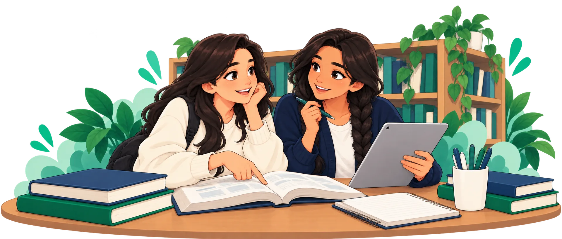Two PoliPrep students reading study guides together in a library
