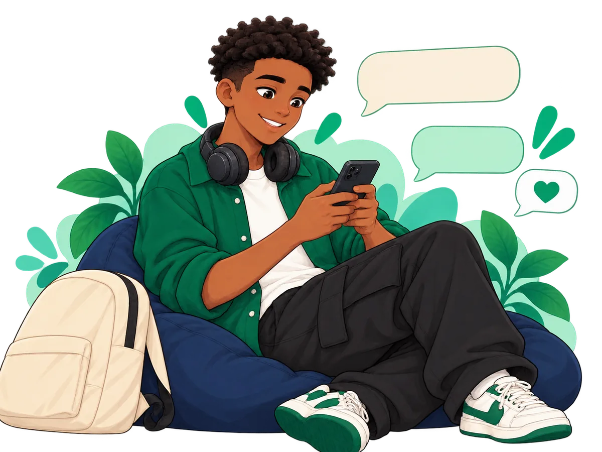 A PoliPrep student relaxing on a beanbag while sending a message