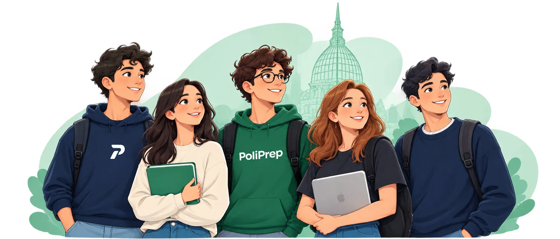 Five PoliPrep students in front of the Mole Antonelliana in Turin